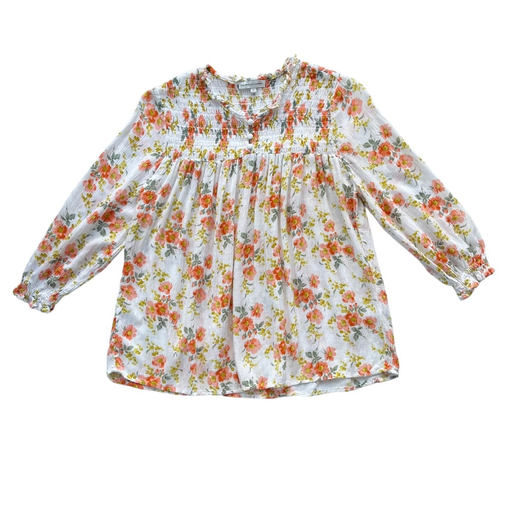 Cupcakes and cashmere Womens Sz Large Peach & White Floral Smocked Ruffle Blouse - Picture 2 of 13